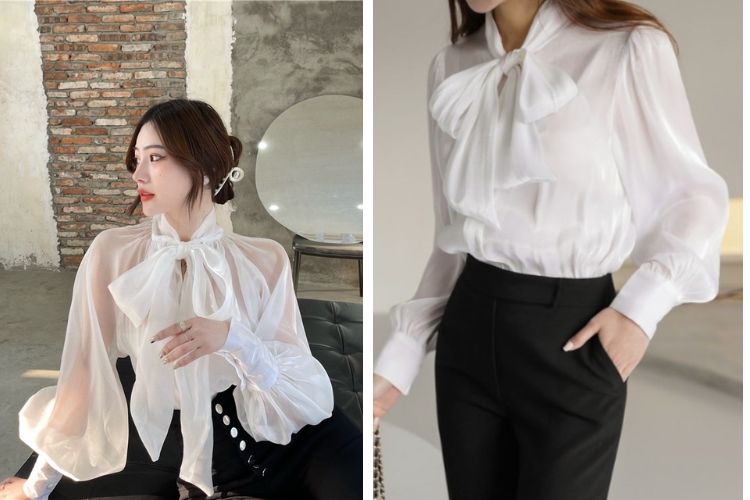 Áo sơ mi vải voan thắt nơ ao so mi vai voan that no